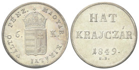 UNGHERIA
Rivoluzione, 1848-1849.
6 Kreuzer 1849 Nagybanya.
Ag
gr. 2,30
Dr. K K OESTERREICHISCHE SCHEIDEMÜNZE.Stemma coronato.
Rv. Valore e data....