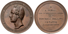 CATANIA
Vincenzo Bellini, 1801-1835
Medaglia 1876 opus F. Speranza.
Æ
gr. 76,42 mm 55,5
Dr. A VINCENZO BELLINI CREATORE D’ITALICHE MELODIE / CATA...