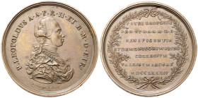 FIRENZE
Pietro Leopoldo I d’Asburgo Lorena, 1765-1790.
Medaglia 1779 opus L. Siries.
Æ
gr. 74,54 mm 61,5
Dr. P LEOPOLDVS A A P R II ET B M D ETR....