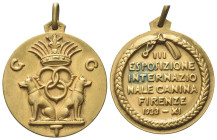 FIRENZE
Ventennio Fascista, dal 1923 al 1943.
Medaglia 1933 a. XI- III Esposizione Internazionale Canina.
Æ dorato.
gr. 28,11 mm 40
Dr. Tre cerch...