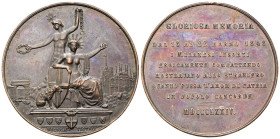 MILANO
Durante Vittorio Emanuele II, 1849-1878.
Medaglia 1874 opus G. Calvi.
Æ
gr. 29,04 mm 40,6
Dr. Il Monumento alle Cinque Giornate; sullo sfo...