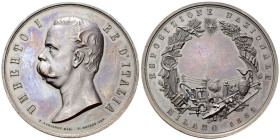 MILANO
Durante Umberto I, 1878-1900.
Medaglia 1881 opus F. Barzaghi e L. Broggi.
Æ
gr. 64,21 mm 52,8
Dr. UMBERTO I - RE D’ITALIA. Testa a s.; sot...