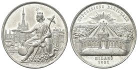 MILANO
Durante Umberto I, 1878-1900.
Medaglia 1881 opus A. Bergamaschi e C. Ferrario.
Metallo Bianco 
gr. 31,95 mm 47
Dr. L’Italia seduta verso s...