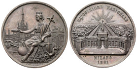 MILANO
Durante Umberto I, 1878-1900.
Medaglia 1881 opus A. Bergamaschi e C. Ferrario.
Æ
gr. 49,29 mm 47
Dr. L’Italia seduta verso s., su scudo di...