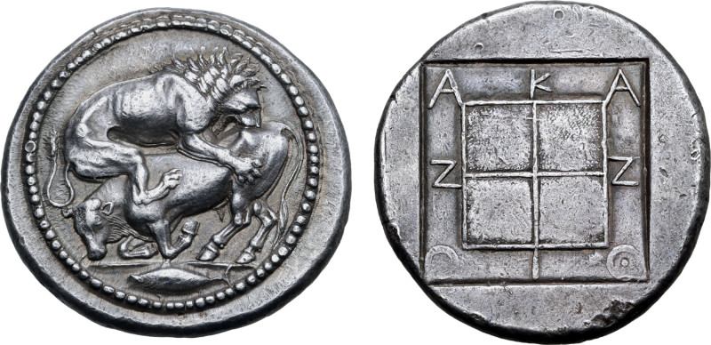 No Reserve 

Macedon, Akanthos AR Tetradrachm. Circa 470-430 BC. Bull collapsing...