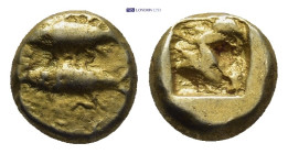 MYSIA, Kyzikos. Circa 600-550 BC. EL Hemihekte – Twelfth Stater (1.37 Gr. 8mm.).
 Two tunnies left 
Rev. Incuse square punch.