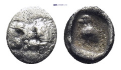 IONIA, Miletos. Late 6th-early 5th century BC. AR Tetartemorion (0.16 Gr. 5mm.)
 Head of a roaring lion left 
Rev. Eagle standing left; all within inc...
