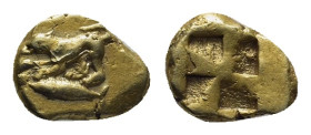 MYSIA. Kyzikos. (Circa 500-450 BC) EL Hekte (12mm 2.73 g) Obv: Dog crouching to left on tunny left. Rev: Quadripartite incuse square.
