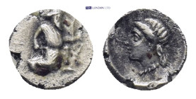 Persia, Achaemenid Empire AR Tetartemorion. Uncertain mint in Cilicia, 4th century BC.(0.2 Gr. 6mm.)
 Persian King kneeling right holding bow and dagg...