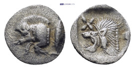 MYSIA. Cyzicus. Ca. 450-400 BC. AR hemiobol (0.38 GR. 8mm.). 
 Forepart of running boar left; tunny upward behind /
Rev. Head of roaring lion left; st...