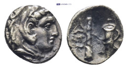 Kingdom of Macedon, Alexander III 'the Great' AR Hemiobol. 'Babylon', circa 317-311 BC. 
(0.54 Gr. 8mm.) 
Head of Herakles right, wearing lion skin he...