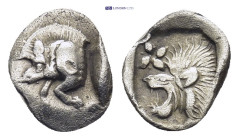 Mysia, Cyzicus, AR hemiobol , 5th century BC. (0.4 Gr. 9mm.)
 Forepart of boar left, tunny upward behind.
 Rev. Head of roaring lion left within squar...