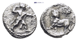 CYPRUS. Kition. Melekiathon (Circa 392/1-362 BC). Obol. (0.73 Gr. 9mm.)
 Herakles advancing right, holding bow and brandishing club. 
Rev: Lion crouch...