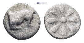 AEOLIS. Kyme. Circa 350-250 BC.AR Obol.(0.27 Gr. 7mm.)
 Fore part horse right 
Rev. Rosette.