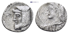 CILICIA, Uncertain. 4th century BC. AR Obol (0.64 Gr. 10mm.) 
Head of Satrap left. 
Rev. Head of female facing slightly left, wearing crown and earrin...