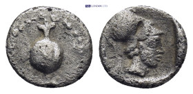 PAMPHYLIA, Side. Circa 460-430 BC. AR Obol (0.73 Gr. 9mm.) 
 Helmeted head of Athena right within incuse square.
 Rev: Pomegranate