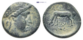 Troas, Alexandreia. Ae, (18mm, 4.86 g). Circa 300-100 BC. Obv: Laureate head of Apollo right Rev: Horse grazing left; monogram below, thunderbolt in e...