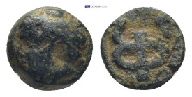 Ionia, Phokaia. 2nd century B.C. AE chalkous (10mm, 2.1 g). Head of Hermes left, wearing petasos / Monogram of Phokaia (ΦΩ) forming a caduceus.