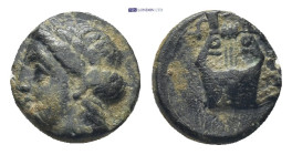 CARIA. Halikarnassos. Ae (10mm, 1.36 g) (Circa 400-380 BC). Obv: Laureate head of Apollo left. Rev: Lyre.