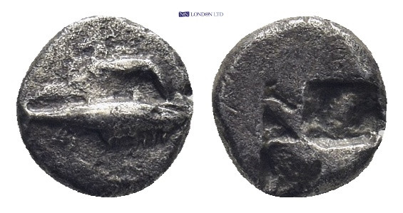 Mysia, Kyzikos AR Obol. (9mm, 1.12 g) Circa 600-550 BC. Tunny fish to left, hold...