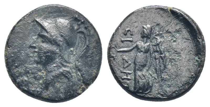 PAMPHYLIA. Side. 1st century BC. AE (14mm, 2.56 g). Head of Athena to left, wear...