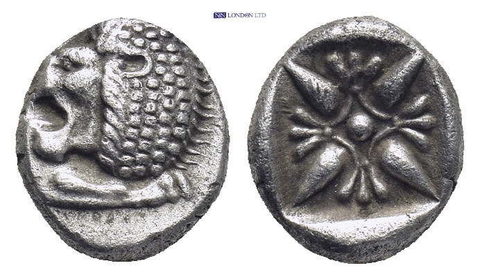 Ionia. Miletos circa 525-475 BC. Diobol AR (1.14 Gr. 10mm.)
 Forepart of lion to...