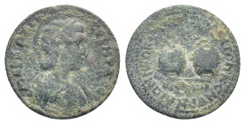 Phrygia. Hierapolis . Otacilia Severa AD 244-249. Homonoia-issue with Sardeis Bronze Æ (28mm., 10.3 g). Draped bust right / Two prize crowns, each con...