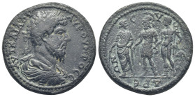 CILICIA, Syedra. Lucius Verus. AD 161-169. Æ (31mm, 21.63 g). Laureate, draped, and cuirassed bust right. / ϹΥΕΔΡΕΩΝ; in centre, Ares standing, facing...
