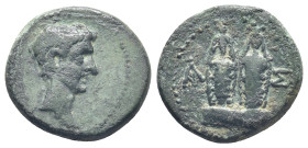 PAMPHYLIA, Aspendus. Augustus. 27 BC-AD 14. Æ (18mm, 3.9 g). Struck circa 20's BC. Bare head right, early portrait / Cult statues of Aphrodite Kastnie...