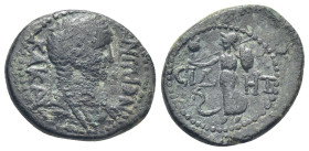 PAMPHYLIA, Side. Nero. AD 54-68. Æ (20mm, 4.9 g). Struck circa AD 55. Laureate and draped bust right / Athena advancing right, holding spear and shiel...