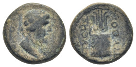 PHRYGIA, Laodicea ad Lycum. Pseudo-autonomous issue. temp. Tiberius(?), AD 14-37. AE
 (3.7 Gr. 15mm.). 
Laureate head of Apollo right; lyre to lower r...