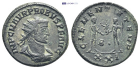 Probus. A.D. 276-282. AE Antoninianus (4.1 Gr. 20mm.). Antioch, 
Radiate, draped and cuirassed bust of Probus right 
Rev. Female figure standing right...