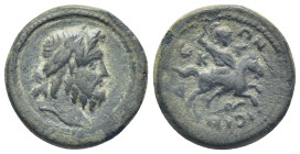 Pisidia, Isinda Pseudo-autonomous issue, temp. Caracalla(?), AD 198-217. Ae. (21mm, 4.66 g) Laureate head of Zeus right Rev. warrior on horse gallopin...