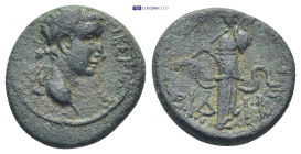Pamphylia. Side. Tiberius AD 14-37. Bronze Æ (17mm, 4.3 g) Laureate head right / Athena advancing left holding pomegranate and shield. Serpent.