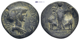 Phrygia, Docimeum, AE 18 (4.78 g, 20 mm) Nero (54-68) Obv: ΝΕΡΩΝ ΚΑΙΣΑΡ; bare-headed draped bust of Nero, r.
Rev: ΔΟΚΙΜΕΩΝ; Cybele standing, facing, b...