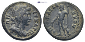 Phrygia. Eukarpeia. Pseudo-autonomous issue. Time of Antoninus Pius AD 138-161. Bronze Æ (18 mm, 3,65 g) EΥΚΑΡΠEΩΝ, draped bust of Dionysus right wear...
