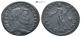 Diocletian Æ Follis. (28mm, 8.9 g) Siscia, AD 299. IMP C DIOCLETIANVS P F AVG, laureate head right / GENIO POPVLI ROMANI Genius standing left with pat...