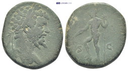 Septimius Severus, AE sestertius, (27mm, 18.3 g). AD 197-198. L SEPT SEV PERT AVG IMP X, laureate head right / MARTI PACIFERO, S-C, Mars, naked, helme...
