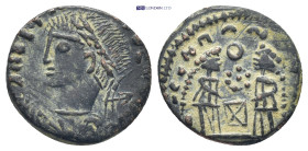 Constantine I(?). AD 307/310-337. Æ Follis (16mm, 2.3 g). Contemporary imitation. Laureate bust left / Two Victories supporting wreath or small shield...