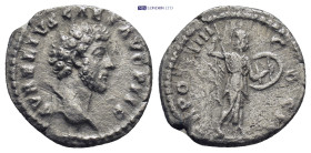 Marcus Aurelius 139 – 161. Denarius (2.8 Gr. 17mm.)
 Bare head right. 
Rev. Minerva standing right, holding spear in right hand and shield in left.