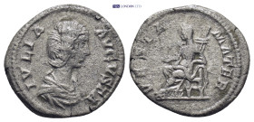 JULIA DOMNA (Augusta, 193-217). Denarius. (3.13 Gr. 19mm.)
 Draped bust right. 
Rev. Vesta seated left on throne, holding sceptre and palladium.