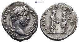 Hadrian, 117-138. Denarius (2.74 Gr. 18mm.) 
 Bare-headed and draped bust of Hadrian to right, seen from behind. 
Rev. Hadrian standing front, head to...