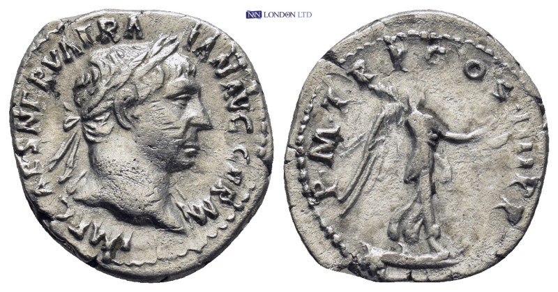 Trajan AR Denarius. Rome, AD 102. (2.84 Gr. 18mm.)
 Laureate head right 
Rev. Vi...