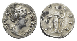 Diva Faustina Senior AR Denarius. (17mm, 3.26 g) Rome, AD 141-146. DIVA FAVSTINA, draped bust right / AVGVSTA, Ceres, veiled, standing left, holding c...