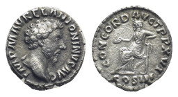 Marcus Aurelius. Silver Denarius (16mm, 3.1 g), AD 161-180. Rome, AD 163. IMP M ANTONINVS AVG, bare head of Marcus Aurelius right. Reverse: CONCORD AV...