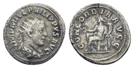 Philip II AR Antoninianus. (23mm, 3.9 g) Antioch, AD 246-247. Radiate draped and cuirassed bust right / CONCRDIA AVGG, Concordia seated left, holding ...