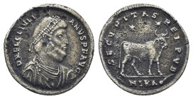 Julian II. AD 360-363. Æ (29mm, 7.6 g). Nicomedia mint, 1st officina. Struck AD 361-363. Pearl-diademed, draped, and cuirassed bust right / Bull stand...