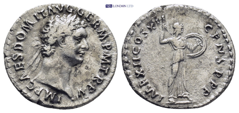 DOMITIAN. Denarius. 88-89 AD Rome. (3.25 Gr. 20mm.)
Laureate head of Domitian on...