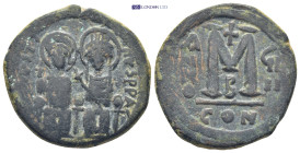 Justin II with Sophia (565-578) AE Follis (Bronze, 13.7 g, 29mm) Constantinople Obv: Justin on left and Sophia on right, seated facing on double thron...