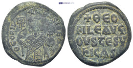 Theophilus AD 829-842. Constantinople. Follis Æ (28mm., 7.8 g). ΘEOFIL BASIL, crowned half-length bust of Theophilus facing, holding labarum and globu...